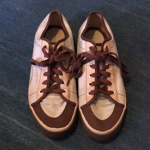 Blue and brown slip on sneakers